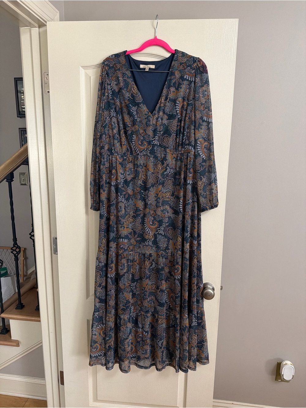 Women’s Long Sleeve V-Neck Paisley Maxi Dress - Blue/Brown